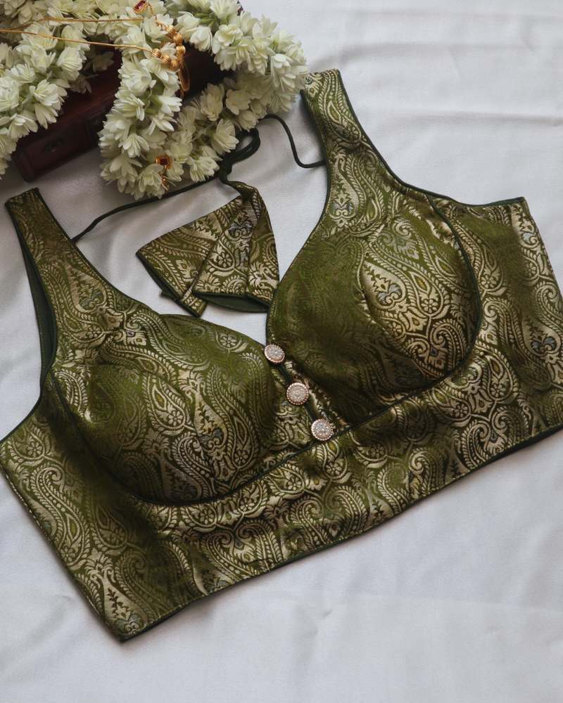 Green Banarasi -  Curved V Neck Blouse Sleeveless (Sleeve Option Available) Size 38