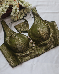 Green Banarasi -  Curved V Neck Blouse Sleeveless (Sleeve Option Available) Size 38
