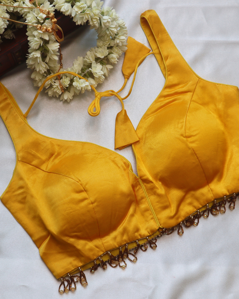 Yellow Gaji Silk Sleeveless Blouse - Curved V Neck - Sleeveless Size 38