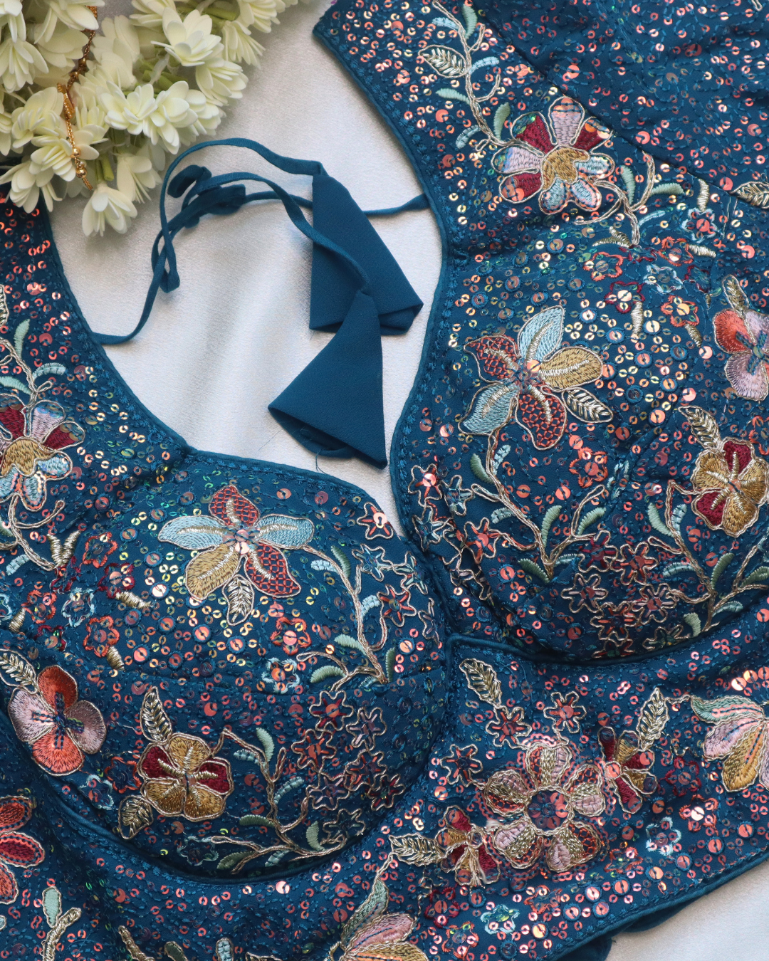 Royal Blue Georgette Embroidery - Curved V Neck Blouse Size 38