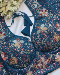 Royal Blue Georgette Embroidery - Curved V Neck Blouse Size 38