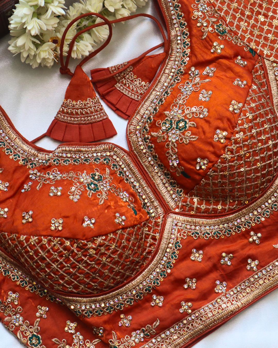Orange Malai Silk Handwork Embroidery Blouse Cureved V Neck Size 38