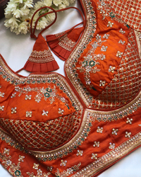 Orange Malai Silk Handwork Embroidery Blouse Cureved V Neck Size 38