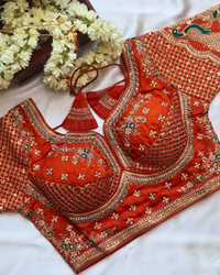 Orange Malai Silk Handwork Embroidery Blouse Cureved V Neck Size 38