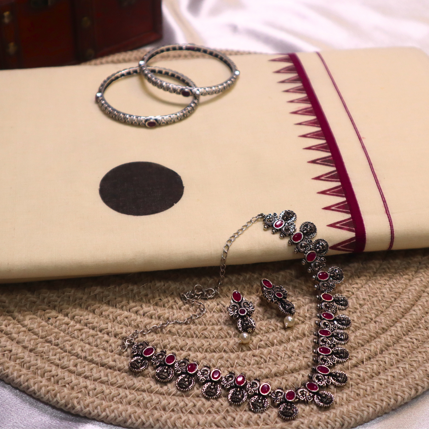 Set Saree - Purple Temple Design with Black Polka Dots