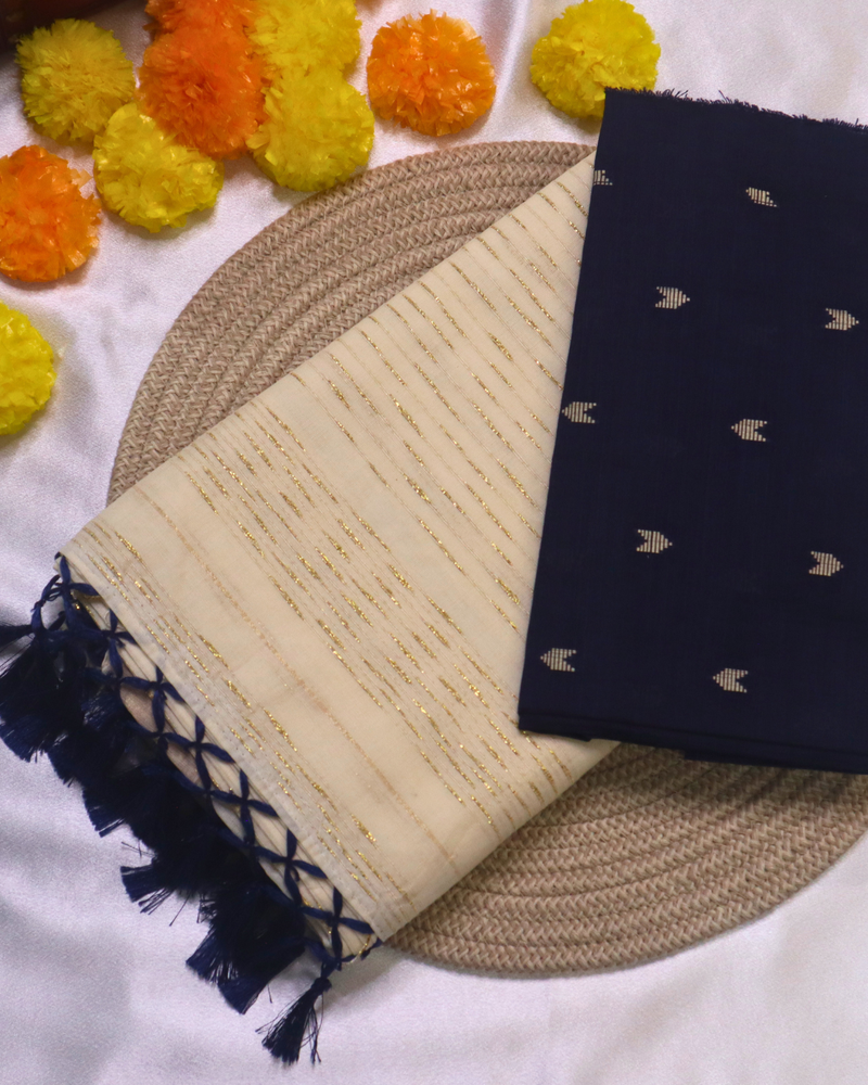 Set Saree - Gold lines with Blue Tussels