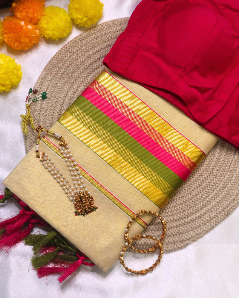 Set Saree - Mixed Colour with Gold Border