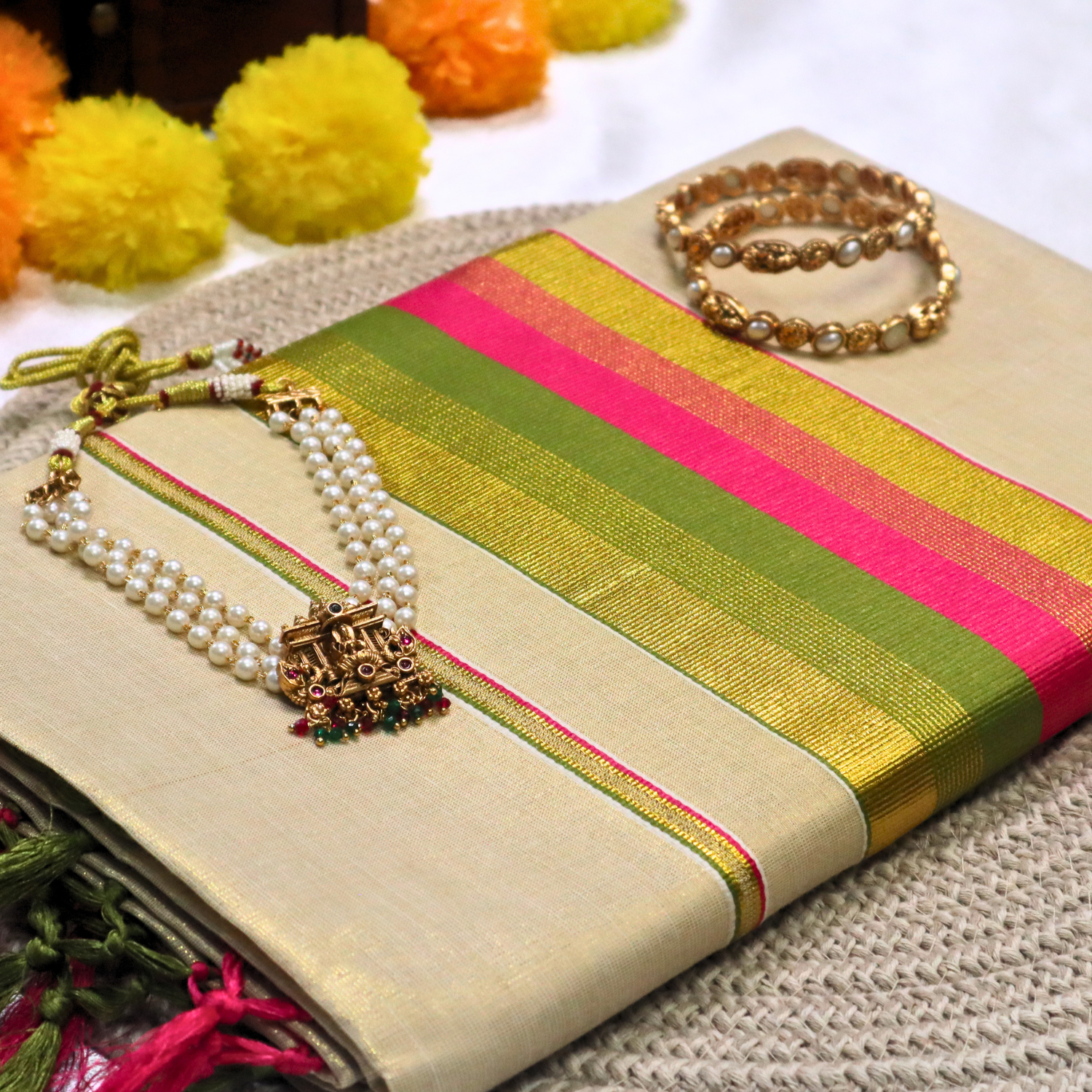Set Saree - Mixed Colour with Gold Border