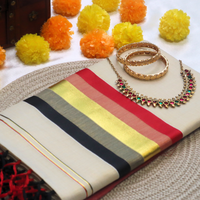 Set Saree - Gold with Black and Red Border