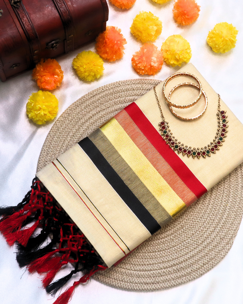 Set Saree - Gold with Black and Red Border