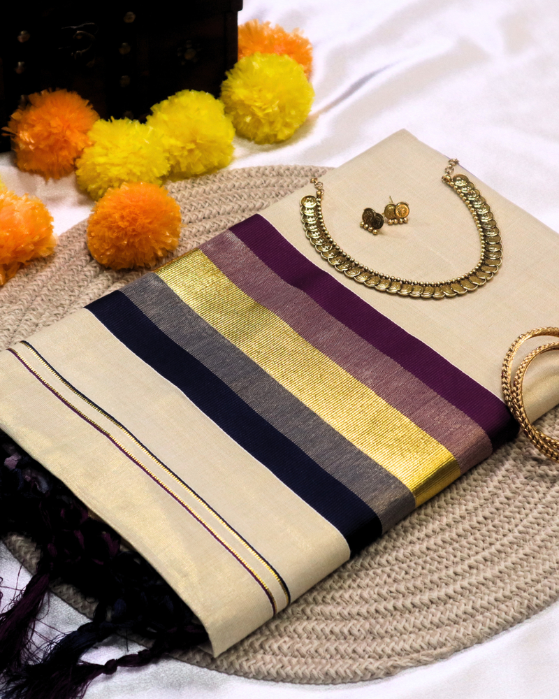 Set Saree - Triple Colour, Gold with Vine and Blue Border