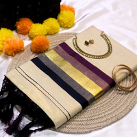 Set Saree - Triple Colour, Gold with Vine and Blue Border