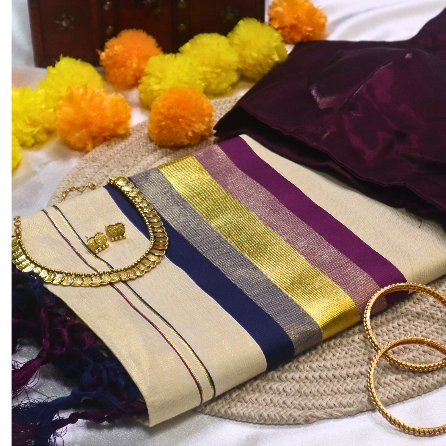 Set Saree - Triple Colour, Gold with Vine and Blue Border