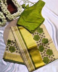 Set Saree with Green Flower Digital Print