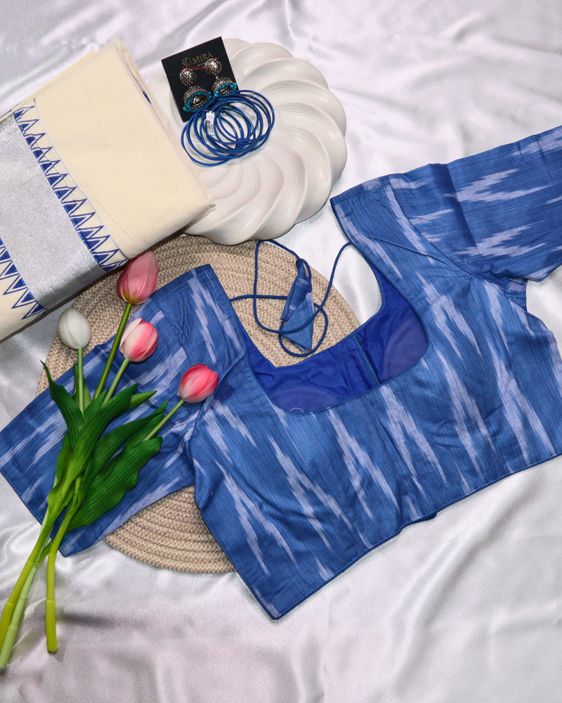 Set Saree with Blue Temple Border