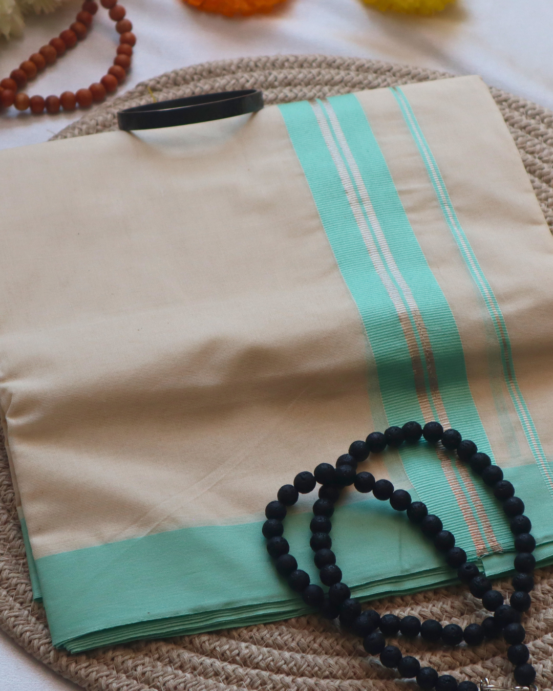 Men's Double Mundu - Light Blue with Silver Border