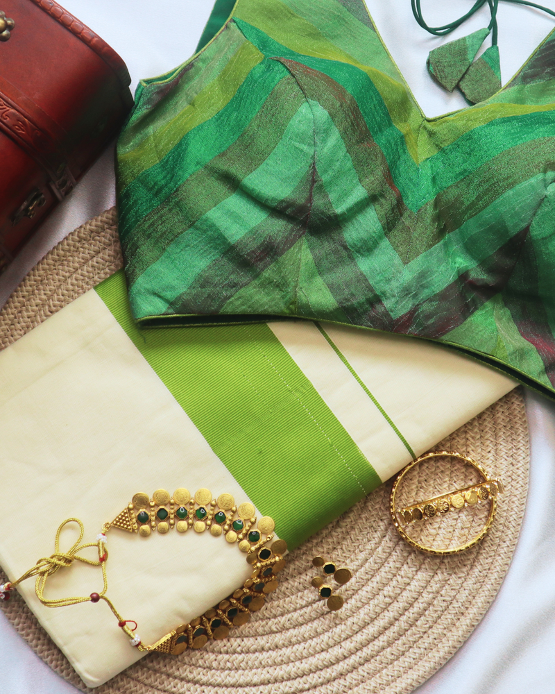 Set Saree - Thick Green Border