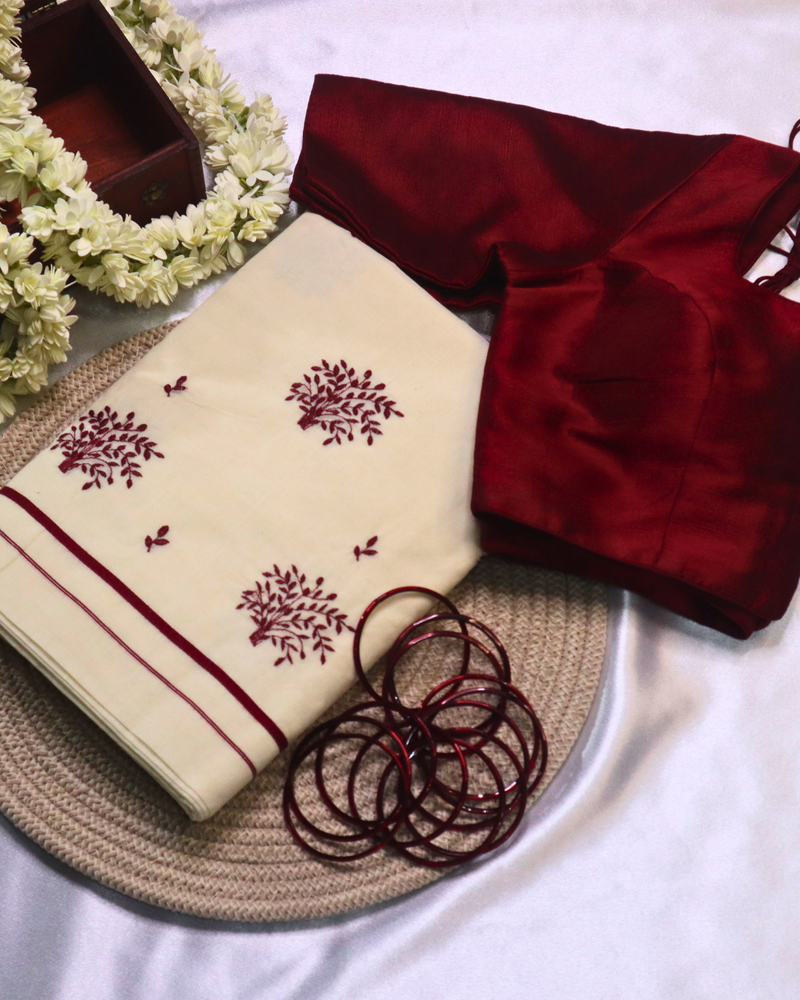 Set Saree with Red Embroidery Leafs