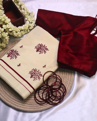 Set Saree with Red Embroidery Leafs
