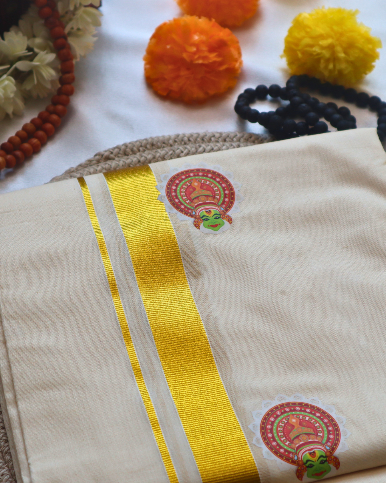 Men's Double Mundu - Thin Golden Border with Kathakali Print