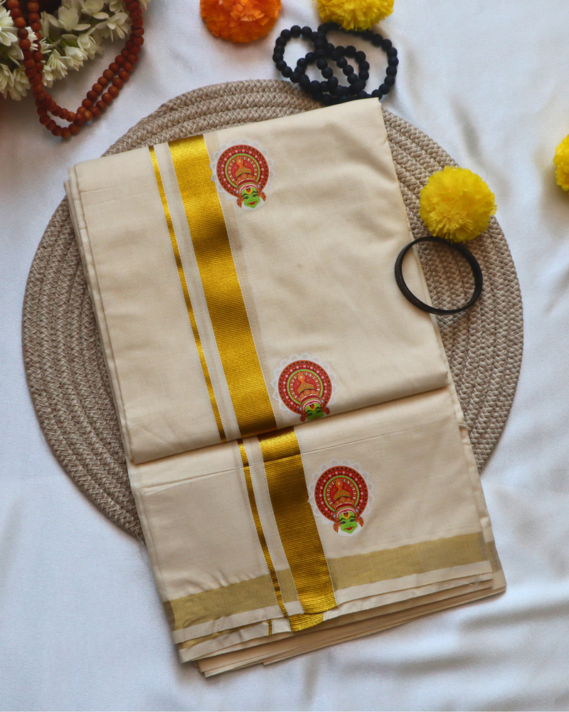 Men's Double Mundu - Thin Golden Border with Kathakali Print