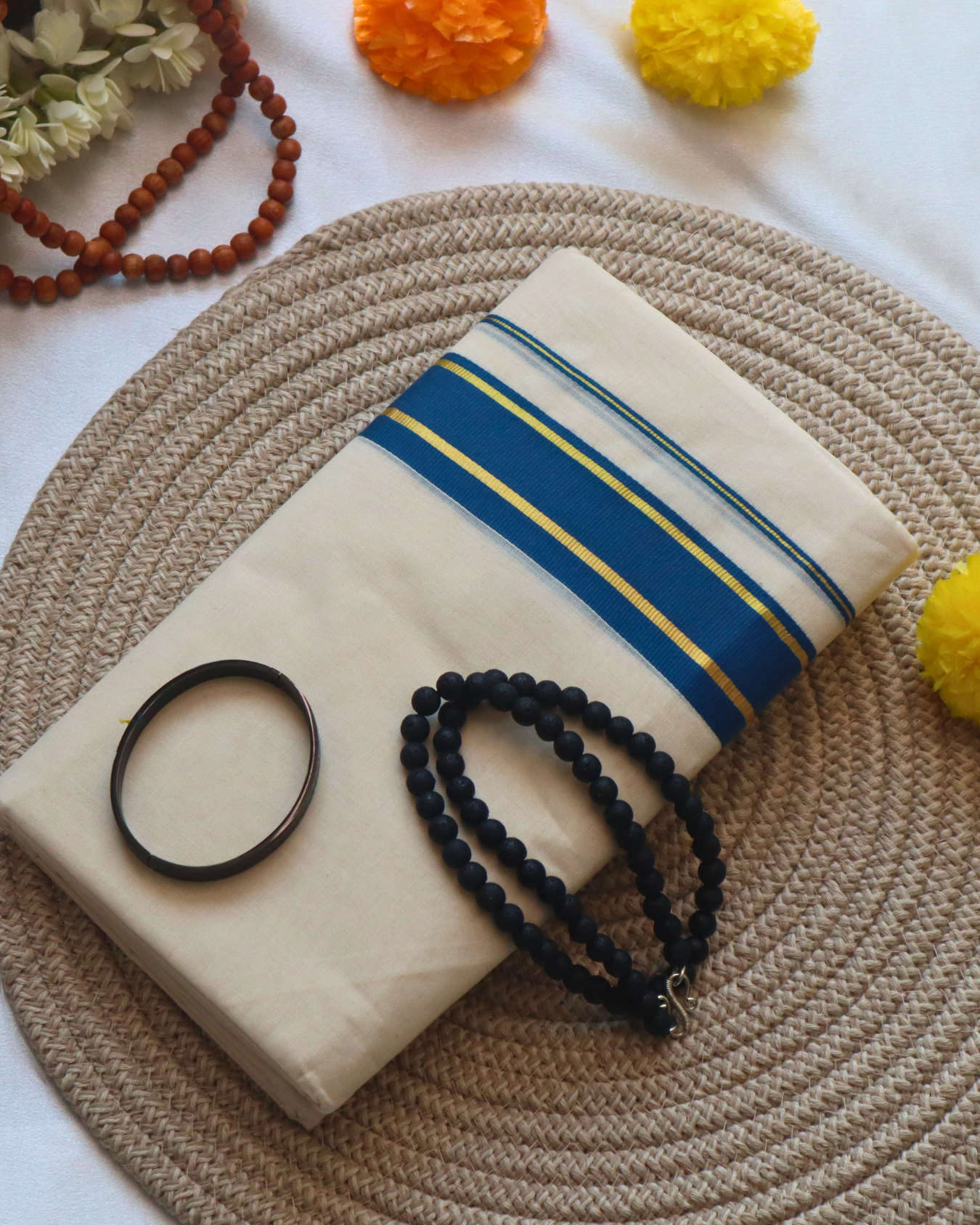 Men's Double Mundu - Blue with Golden Border