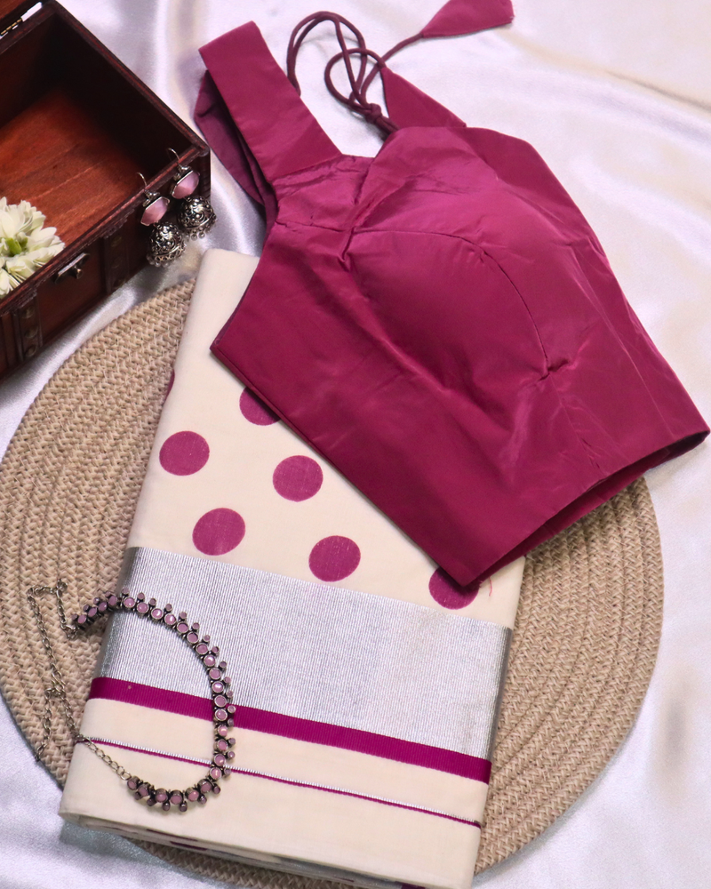 Set Saree with Pink Polka Dots and Silver Border