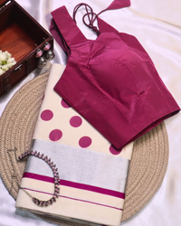 Set Saree with Pink Polka Dots and Silver Border