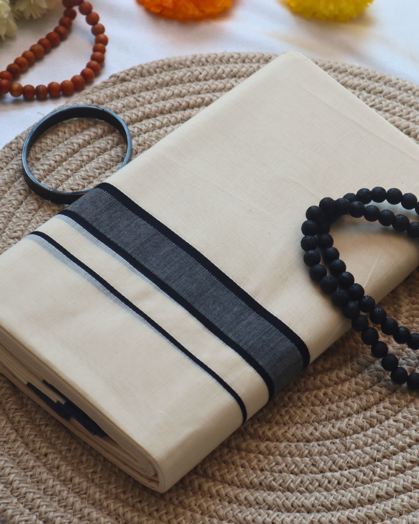 Men's Double Mundu - Grey with Black Border