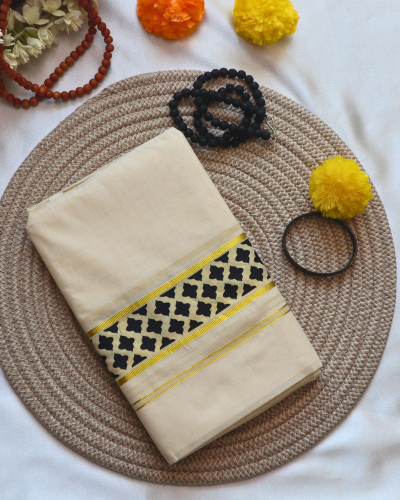 Men's Double Mundu - Black Mural Design with Gold Border