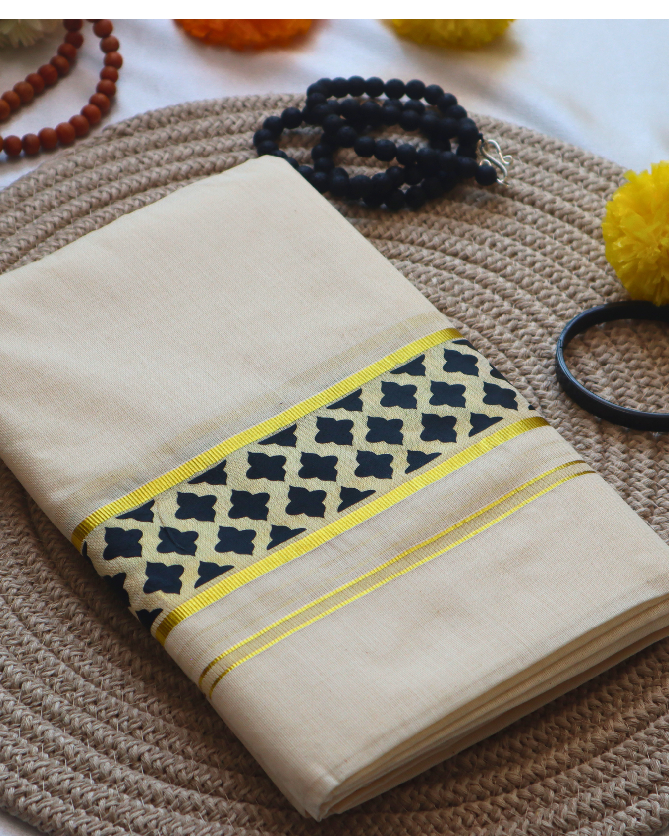 Men's Double Mundu - Black Mural Design with Gold Border