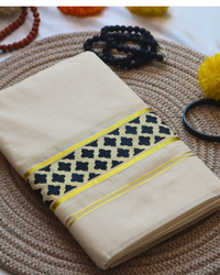 Men's Double Mundu - Black Mural Design with Gold Border