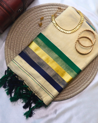 Set Saree - Green Blue and Gold Border with Green and Blues Tussels