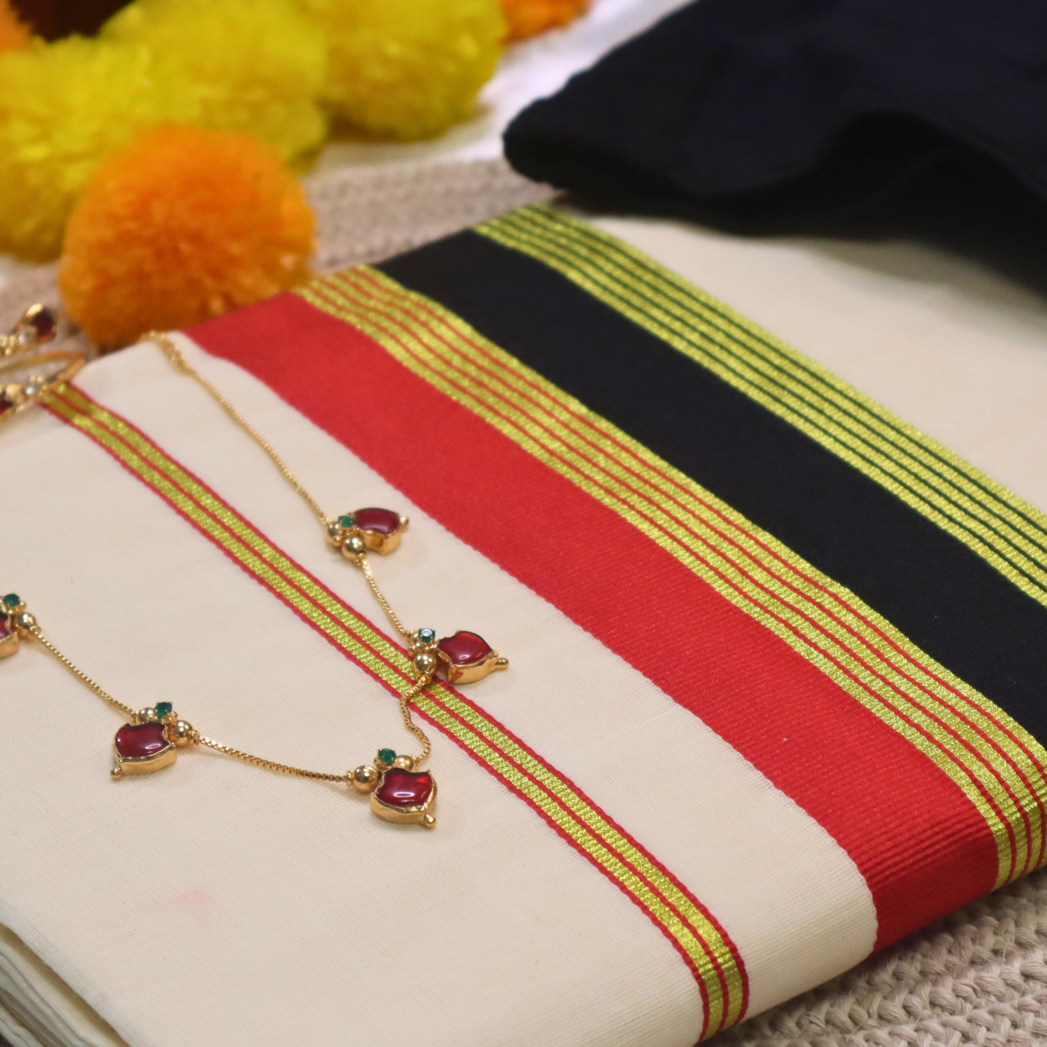 Set Saree - Red and Black border with Golden sripes