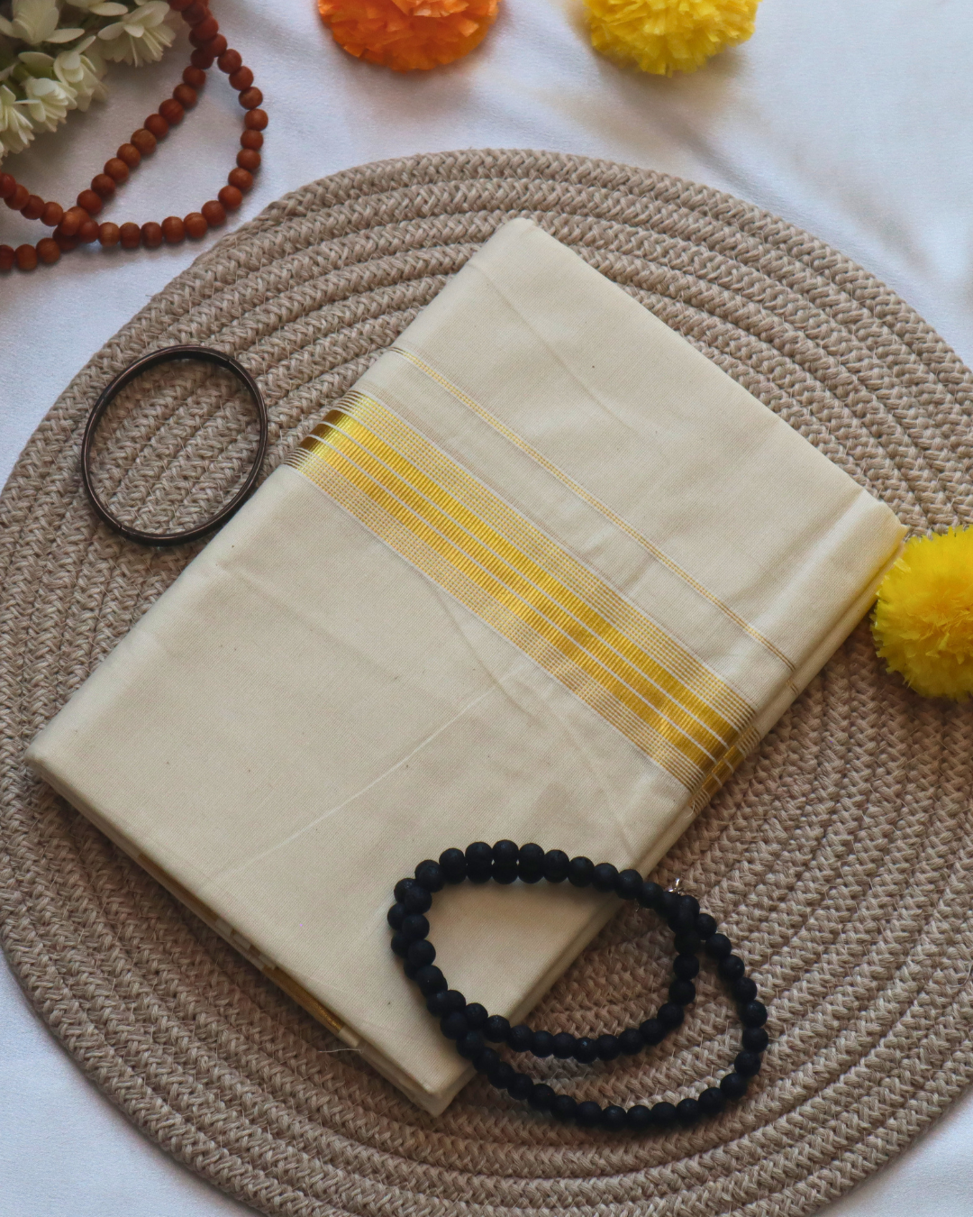 Men's Double Mundu - Thick Gold Border