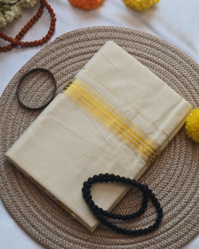 Men's Double Mundu - Thin Golden Stripes