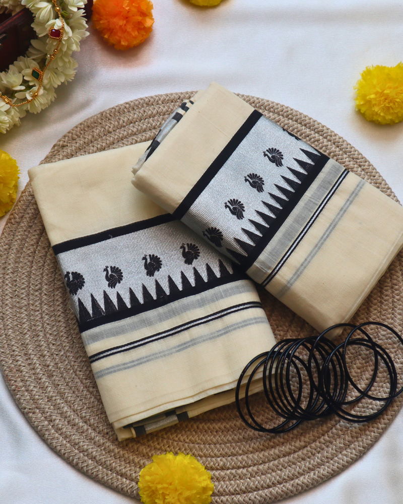 Set Mundu - Black Peacock Temple Border - Double