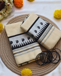 Set Mundu - Black Peacock Temple Border - Double
