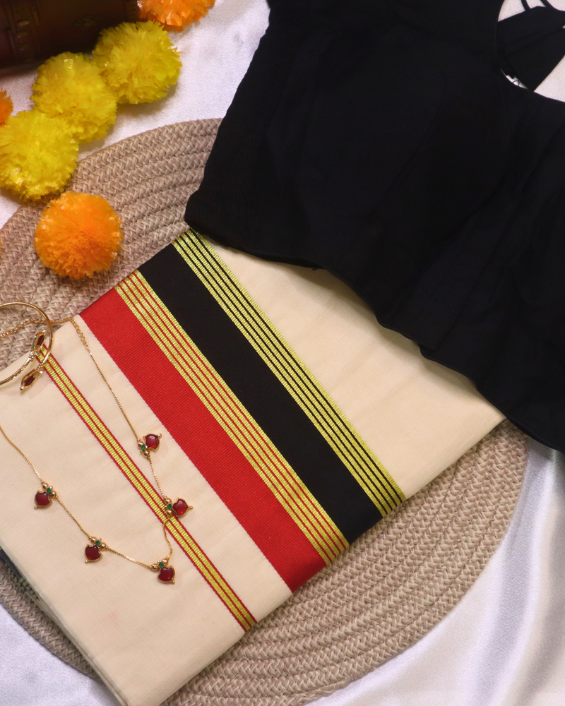 Set Saree - Red and Black border with Golden sripes
