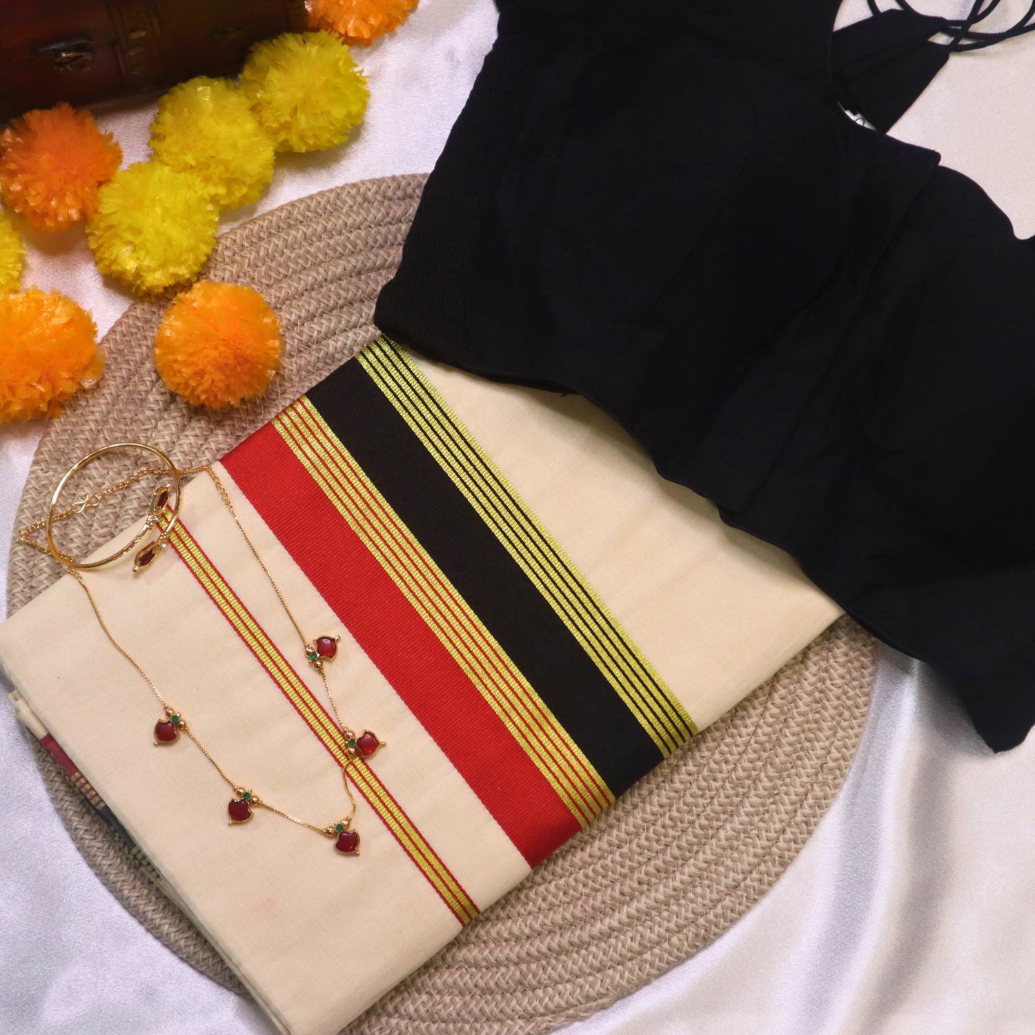 Set Saree - Red and Black border with Golden sripes