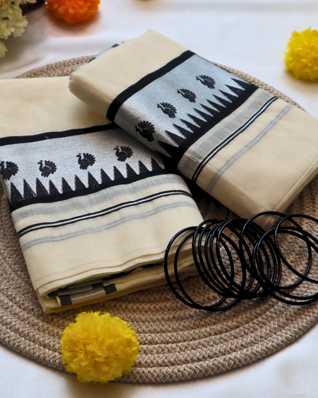 Set Mundu - Black Peacock Temple Border - Double