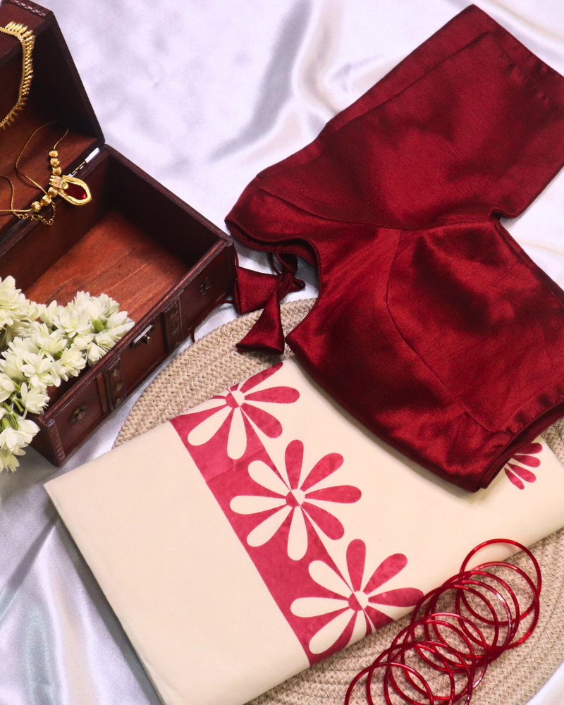 Cotton Saree with Red Flower Handpainted