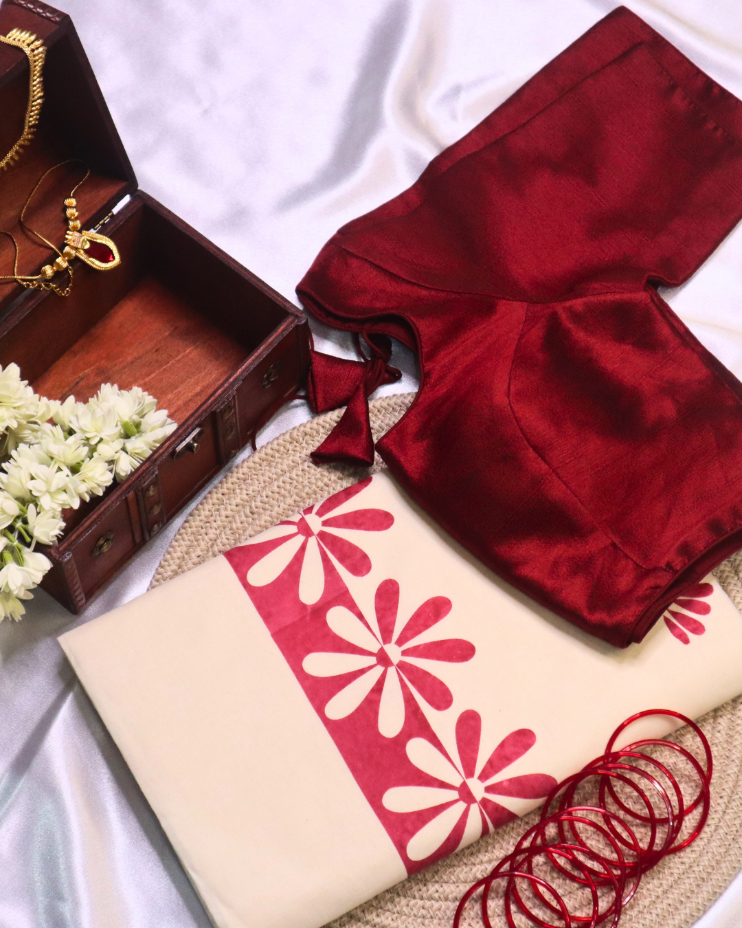 Cotton Saree with Red Flower Handpainted