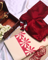Cotton Saree with Red Flower Handpainted