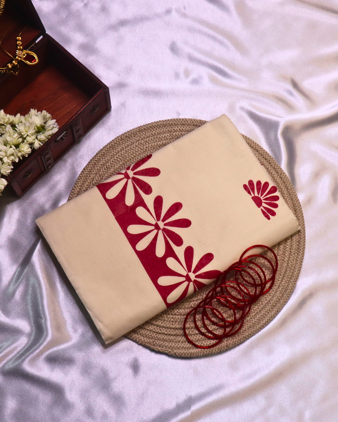 Cotton Saree with Red Flower Handpainted