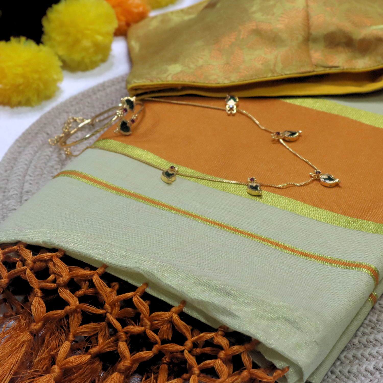 Set Saree - Thick Orange and Gold Border