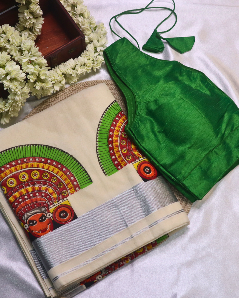 Set Saree with Theyyam Digital Print with Silver Border