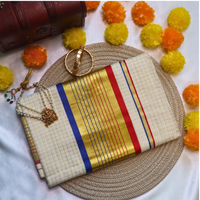 Set Saree - Gold with Red and Blue Border Microchecks
