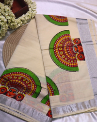 Set Saree with Theyyam Digital Print with Silver Border