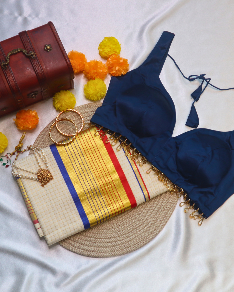 Set Saree - Gold with Red and Blue Border Microchecks